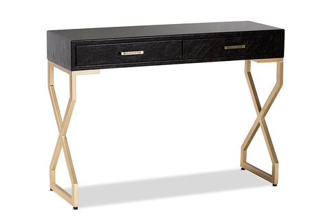 Baxton Studio Carville Modern and Contemporary Dark Brown Faux Leather Upholstered Gold Finished 2-Drawer Console Table