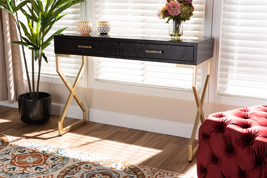 Baxton Studio Carville Modern and Contemporary Dark Brown Faux Leather Upholstered Gold Finished 2-Drawer Console Table