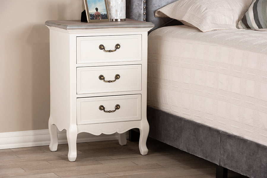 Baxton Studio Capucine Antique French Country Cottage Two Tone Natural Whitewashed Oak and White Finished Wood 3-Drawer End Table