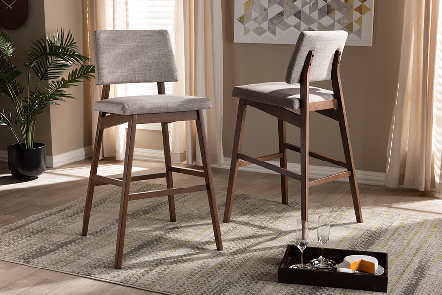Baxton Studio Colton Mid-Century Modern Light Gray Fabric Upholstered and Walnut-Finished Wood Bar Stool Set of 2