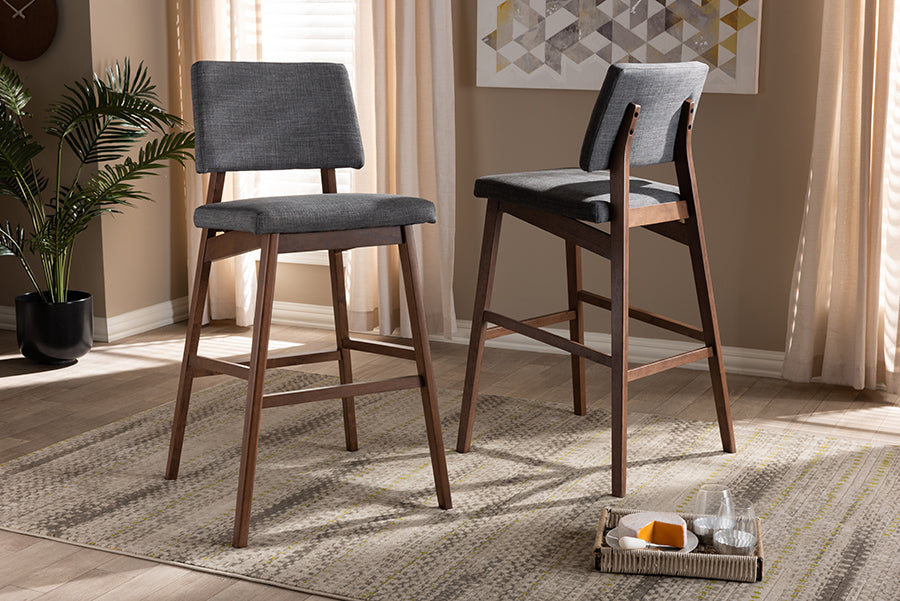 Baxton Studio Colton Mid-Century Modern Dark Gray Fabric Upholstered and Walnut-Finished Wood Bar Stool Set of 2