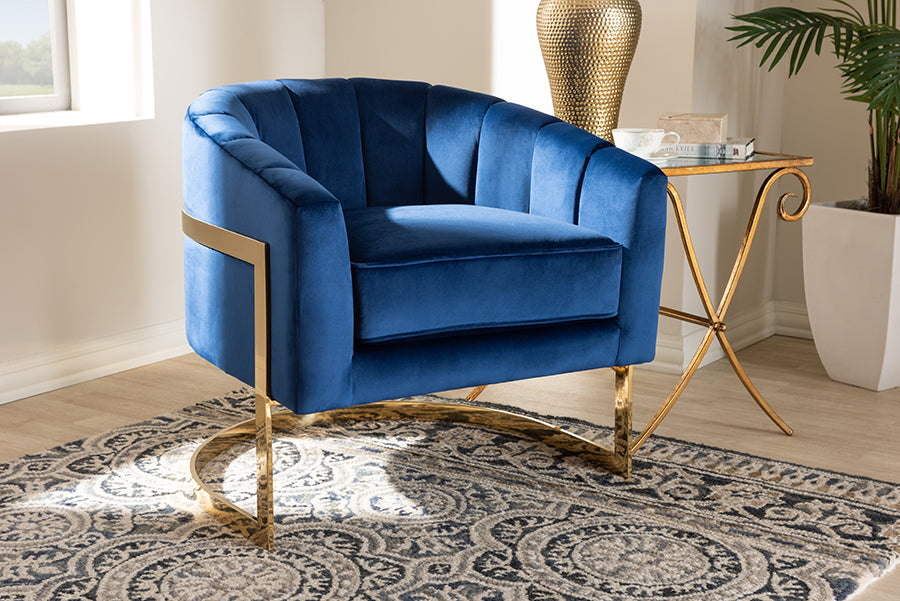 Baxton Studio Tomasso Glam Royal Blue Velvet Fabric Upholstered Gold-Finished Lounge Chair