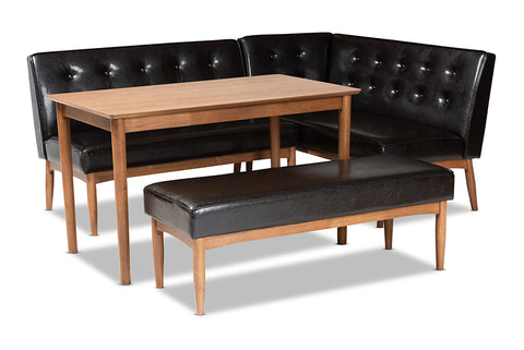 Baxton Studio Arvid Mid-Century Modern Dark Brown Faux Leather Upholstered 4-Piece Wood Dining Nook Set