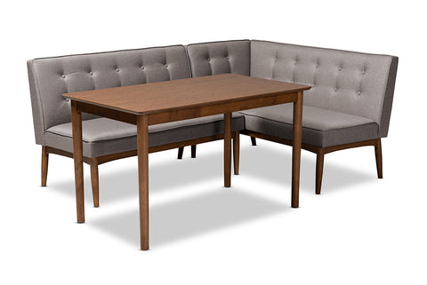 Baxton Studio Arvid Mid-Century Modern Gray Fabric Upholstered 3-Piece Wood Dining Nook Set