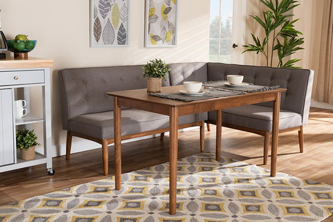 Baxton Studio Arvid Mid-Century Modern Gray Fabric Upholstered 3-Piece Wood Dining Nook Set
