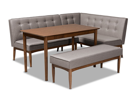 Baxton Studio Arvid Mid-Century Modern Gray Fabric Upholstered 4-Piece Wood Dining Nook Set