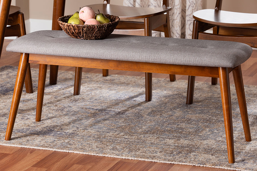 Baxton Studio Flora II Mid-Century Modern Light Grey Fabric Upholstered Medium Oak Finished Wood Dining Bench