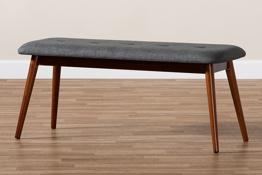Baxton Studio Flora II Mid-Century Modern Dark Grey Fabric Upholstered Medium Oak Finished Wood Dining Bench
