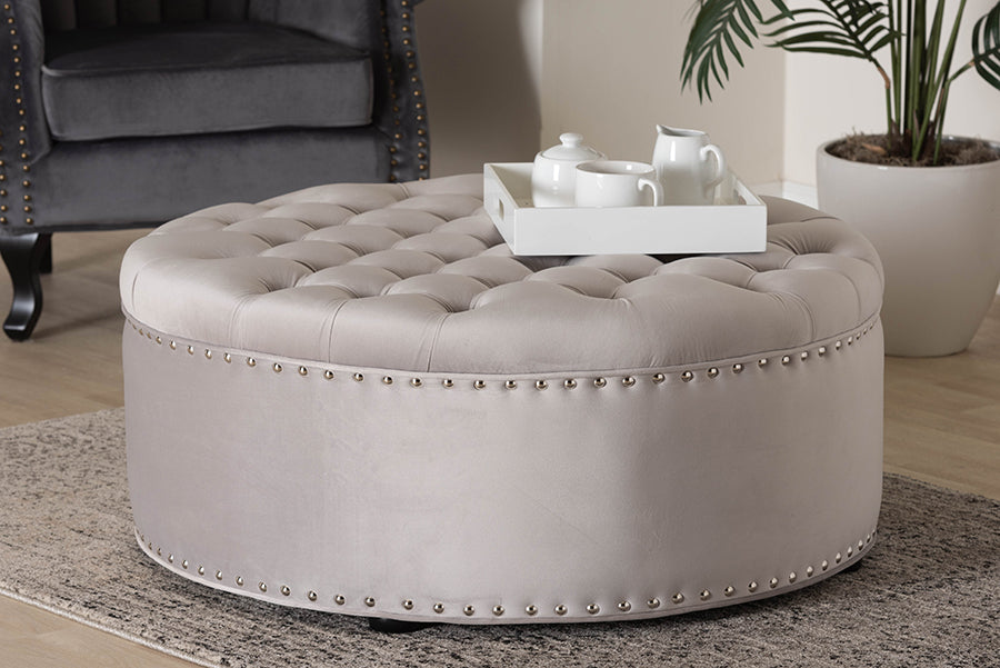 Baxton Studio Iglehart Modern and Contemporary Light Gray Velvet Fabric Upholstered Tufted Cocktail Ottoman