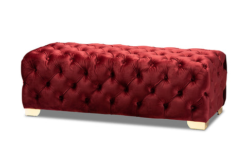 Baxton Studio Avara Glam and Luxe Burgundy Velvet Fabric Upholstered Gold Finished Button Tufted Bench Ottoman