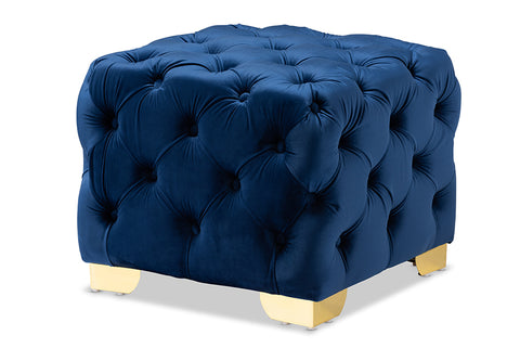 Baxton Studio Avara Glam and Luxe Royal Blue Velvet Fabric Upholstered Gold Finished Button Tufted Ottoman