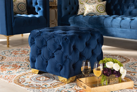 Baxton Studio Avara Glam and Luxe Royal Blue Velvet Fabric Upholstered Gold Finished Button Tufted Ottoman