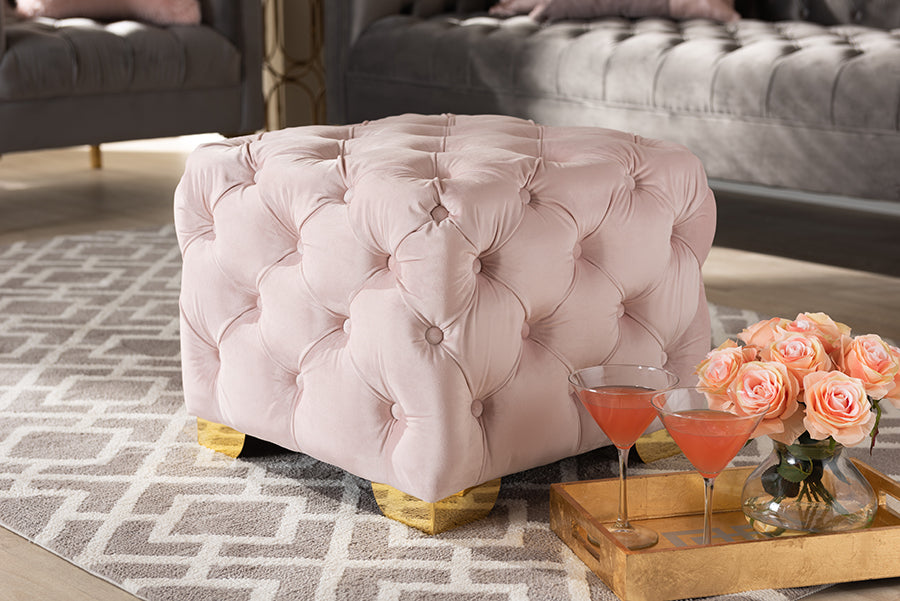Baxton Studio Avara Glam and Luxe Light Pink Velvet Fabric Upholstered Gold Finished Button Tufted Ottoman
