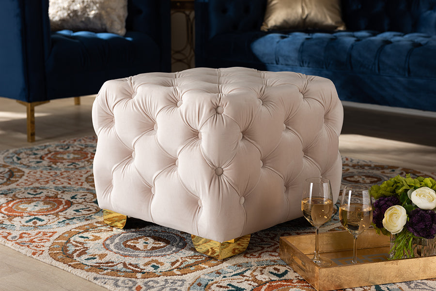 Baxton Studio Avara Glam and Luxe Light Beige Velvet Fabric Upholstered Gold Finished Button Tufted Ottoman