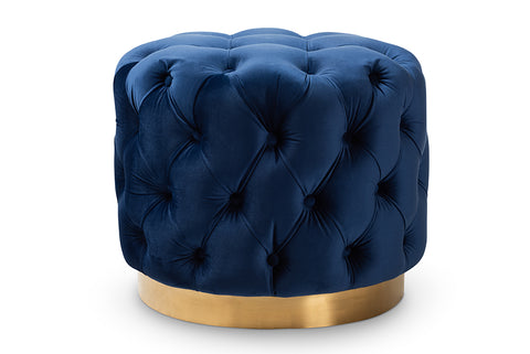 Baxton Studio Valeria Glam Royal Blue Velvet Fabric Upholstered Gold-Finished Button Tufted Ottoman