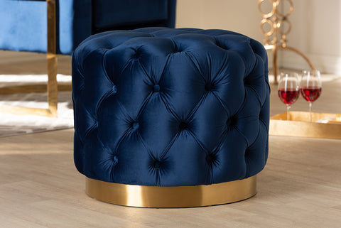 Baxton Studio Valeria Glam Royal Blue Velvet Fabric Upholstered Gold-Finished Button Tufted Ottoman