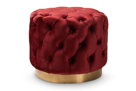 Baxton Studio Valeria Glam Burgundy Red Velvet Fabric Upholstered Gold-Finished Button Tufted Ottoman