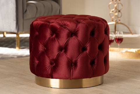 Baxton Studio Valeria Glam Burgundy Red Velvet Fabric Upholstered Gold-Finished Button Tufted Ottoman