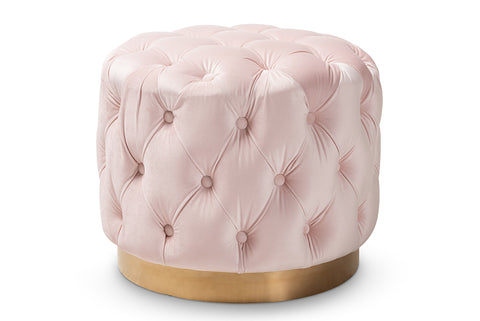 Baxton Studio Valeria Glam Light Pink Velvet Fabric Upholstered Gold-Finished Button Tufted Ottoman