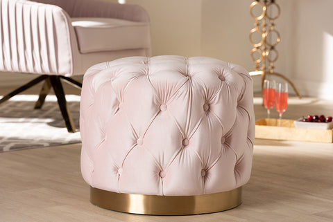Baxton Studio Valeria Glam Light Pink Velvet Fabric Upholstered Gold-Finished Button Tufted Ottoman
