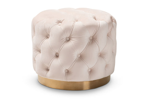 Baxton Studio Valeria Glam Light Beige Velvet Fabric Upholstered Gold-Finished Button Tufted Ottoman