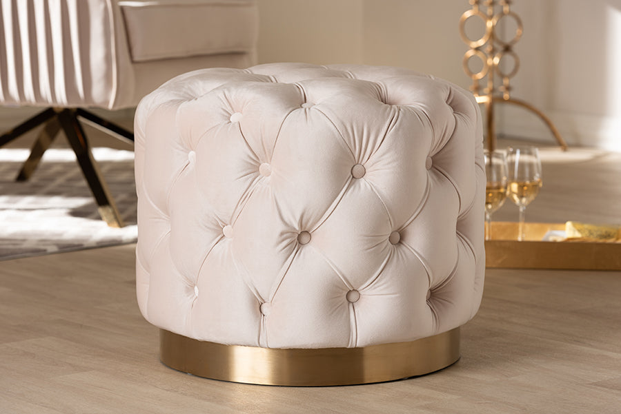 Baxton Studio Valeria Glam Light Beige Velvet Fabric Upholstered Gold-Finished Button Tufted Ottoman