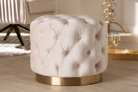 Baxton Studio Valeria Glam Light Beige Velvet Fabric Upholstered Gold-Finished Button Tufted Ottoman