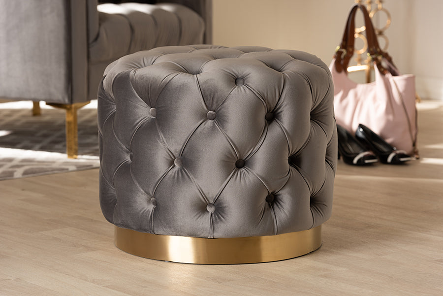 Baxton Studio Valeria Glam Gray Velvet Fabric Upholstered Gold-Finished Button Tufted Ottoman