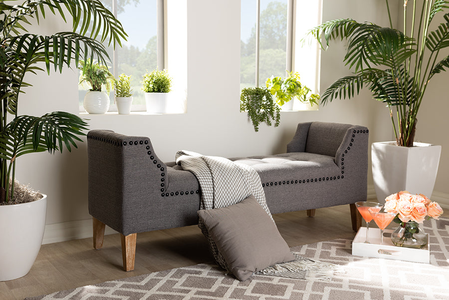 Baxton Studio Perret Modern and Contemporary Gray Linen Fabric Upholstered Oak Brown Finished Wood Bench