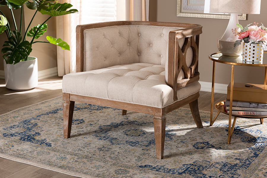 Baxton Studio Esme French Provincial Beige Linen Fabric Upholstered and White-Washed Oak Wood Accent Barrel Chair