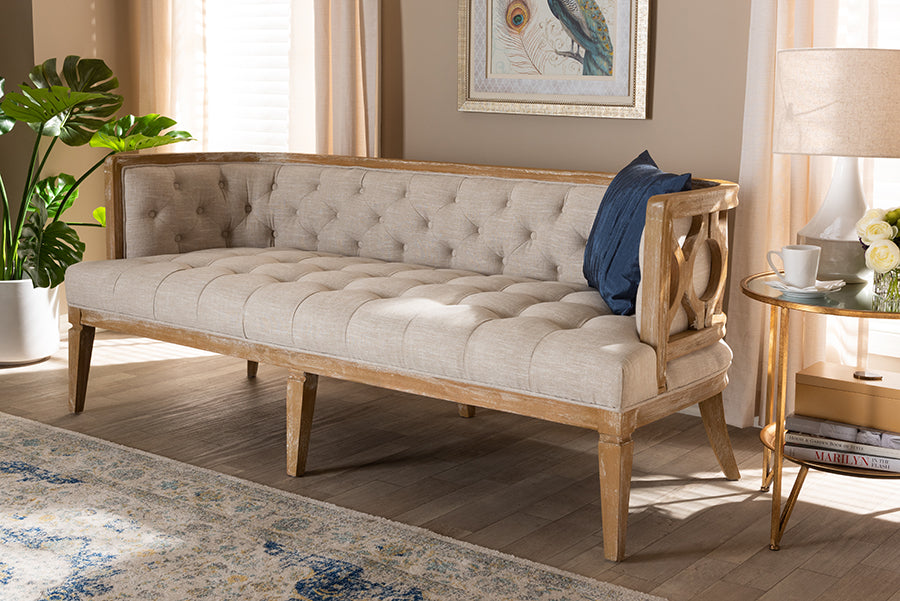 Baxton Studio Agnes French Provincial Beige Linen Fabric Upholstered and White-Washed Oak Wood Sofa