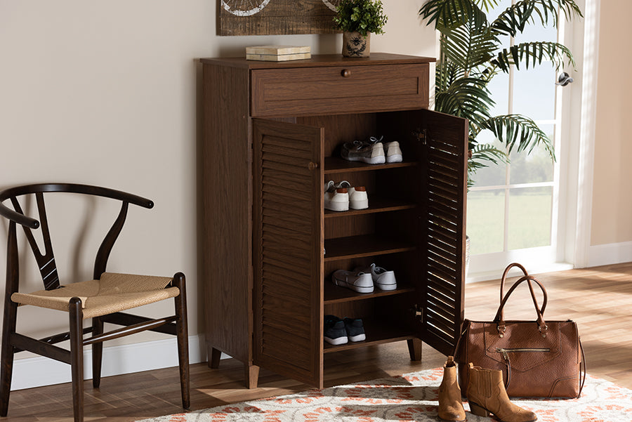 Baxton Studio Coolidge Modern and Contemporary Walnut Finished 5-Shelf Wood Shoe Storage Cabinet with Drawer