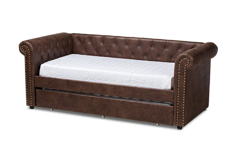 Baxton Studio Mabelle Modern and Contemporary Brown Faux Leather Upholstered Daybed with Trundle