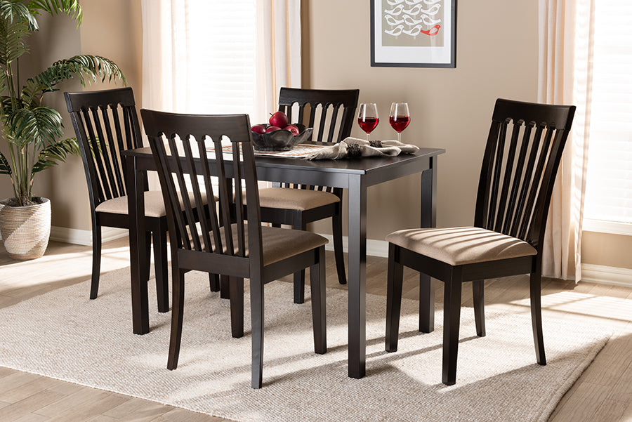 Baxton Studio Minette Modern and Contemporary Sand Fabric Upholstered Espresso Brown Finished Wood 5-Piece Dining Set