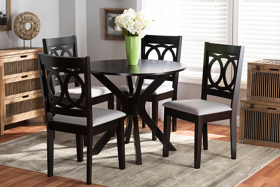 Baxton Studio Sanne Modern and Contemporary Grey Fabric Upholstered and Dark Brown Finished Wood 5-Piece Dining Set