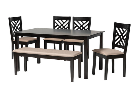 Baxton Studio Gustavo Modern Sand Fabric and Walnut Brown Finished Wood 6-Piece Dining Set