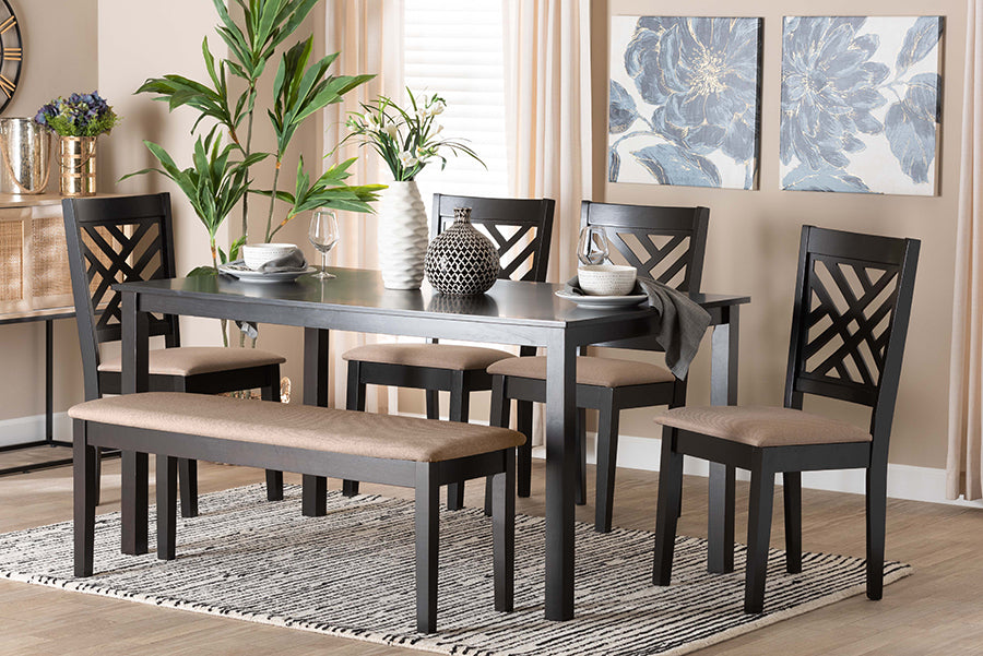Baxton Studio Gustavo Modern Sand Fabric and Walnut Brown Finished Wood 6-Piece Dining Set