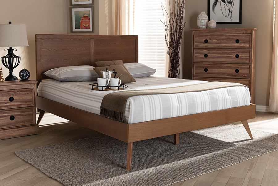 Baxton Studio Zenon Mid-Century Modern Walnut Brown Finished Wood Queen Size Platform Bed