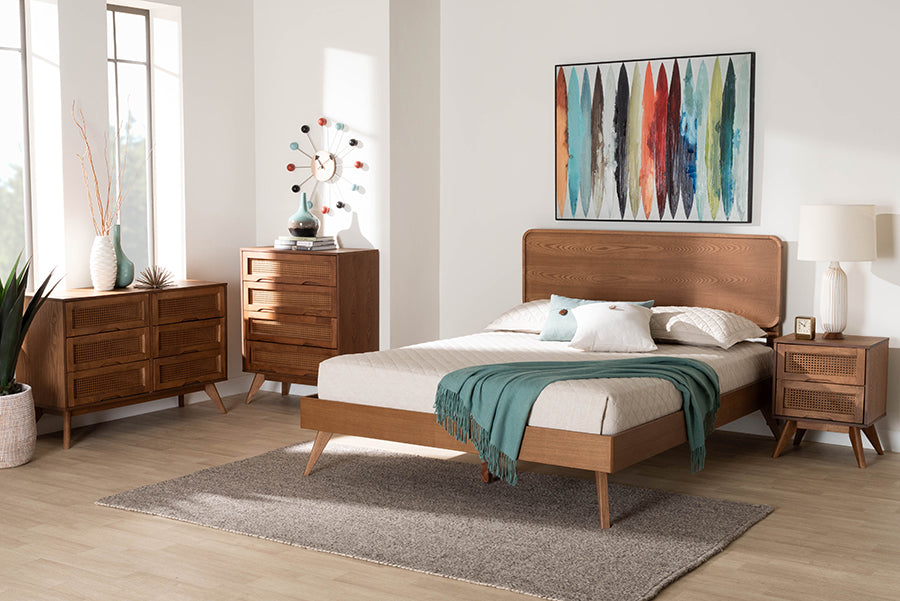 Baxton Studio Demeter Mid-Century Modern Walnut Brown Finished Wood King Size 4-Piece Bedroom Set