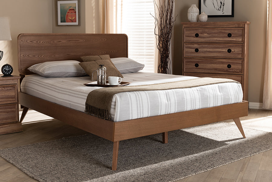 Baxton Studio Demeter Mid-Century Modern Walnut Brown Finished Wood King Size Platform Bed
