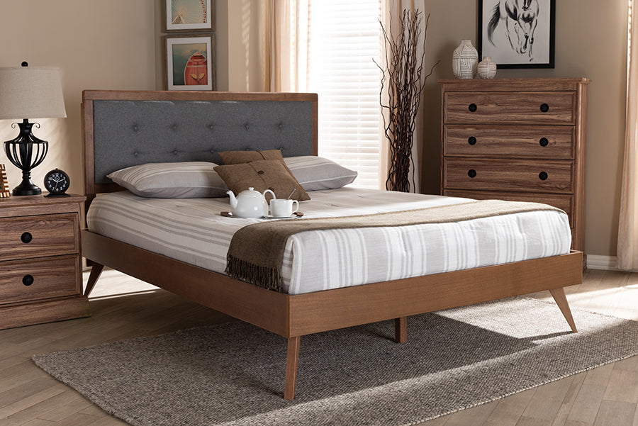 Baxton Studio Ines Mid-Century Modern Dark Grey Fabric Upholstered Walnut Brown Finished Wood Full Size Platform Bed