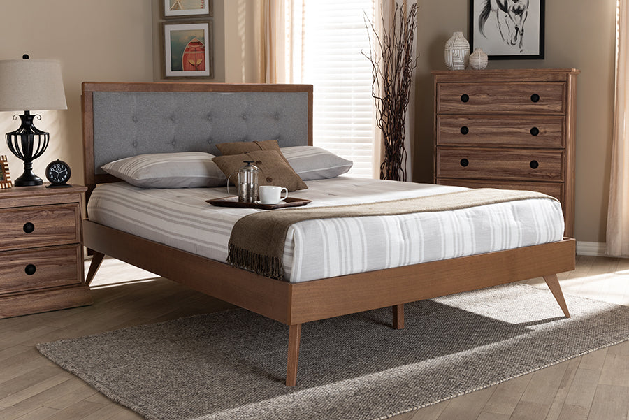 Baxton Studio Ines Mid-Century Modern Light Grey Fabric Upholstered Walnut Brown Finished Wood Full Size Platform Bed