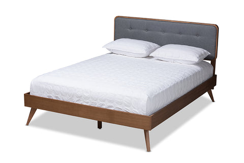 Baxton Studio Dilara Mid-Century Modern Dark Grey Fabric Upholstered Walnut Brown Finished Wood King Size Platform Bed