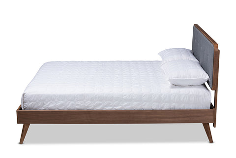 Baxton Studio Dilara Mid-Century Modern Dark Grey Fabric Upholstered Walnut Brown Finished Wood King Size Platform Bed