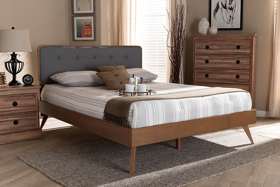 Baxton Studio Dilara Mid-Century Modern Dark Grey Fabric Upholstered Walnut Brown Finished Wood Queen Size Platform Bed