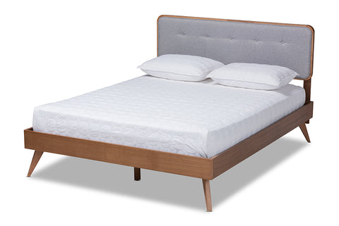 Baxton Studio Dilara Mid-Century Modern Light Grey Fabric Upholstered Walnut Brown Finished Wood Queen Size Platform Bed