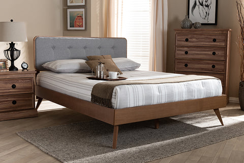 Baxton Studio Dilara Mid-Century Modern Light Grey Fabric Upholstered Walnut Brown Finished Wood Queen Size Platform Bed
