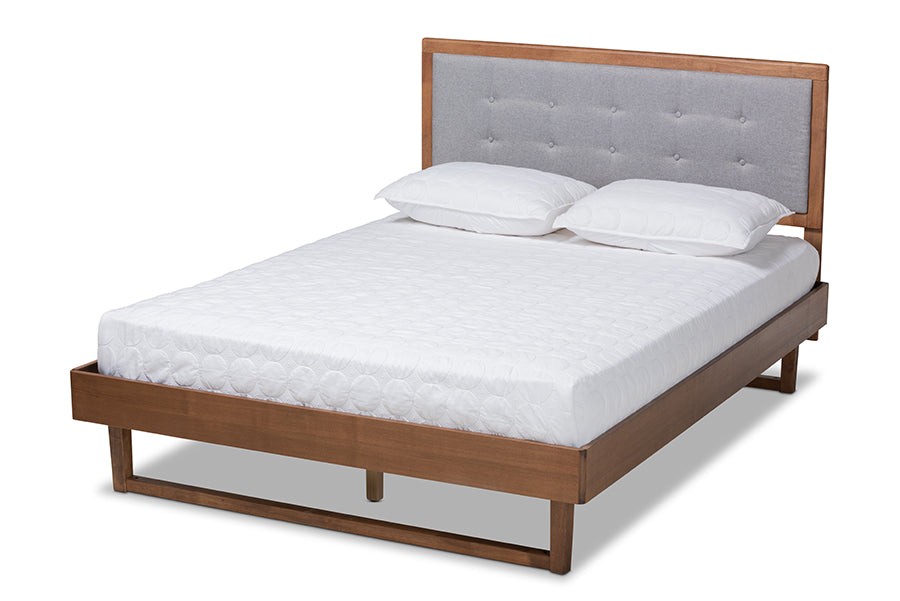 Baxton Studio Viviana Modern and Contemporary Light Grey Fabric Upholstered and Ash Walnut Finished Wood Queen Size Platform Bed