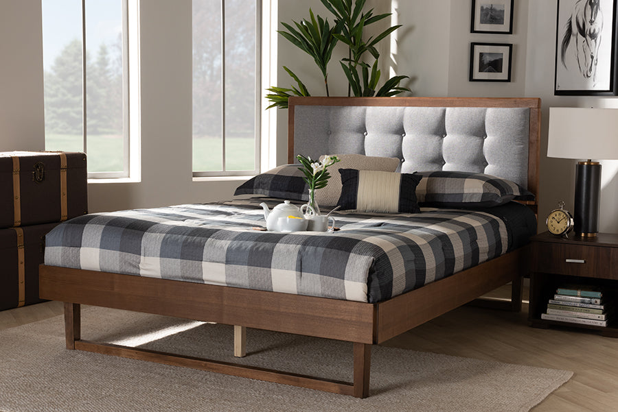 Baxton Studio Viviana Modern and Contemporary Light Grey Fabric Upholstered and Ash Walnut Finished Wood King Size Platform Bed