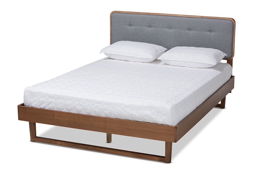 Baxton Studio Natalia Mid-Century Modern Dark Grey Fabric Upholstered and Ash Walnut Finished Wood King Size Platform Bed